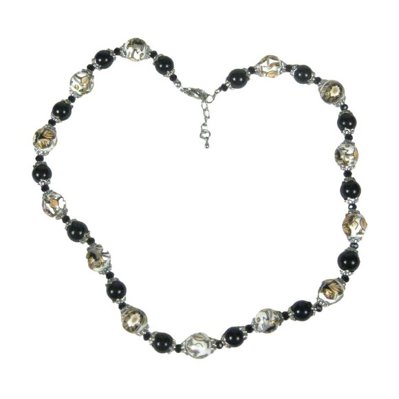 Beaded Necklace Plastic Black Floral Beads 20 Inches Silvertone - Picture 1 of 11
